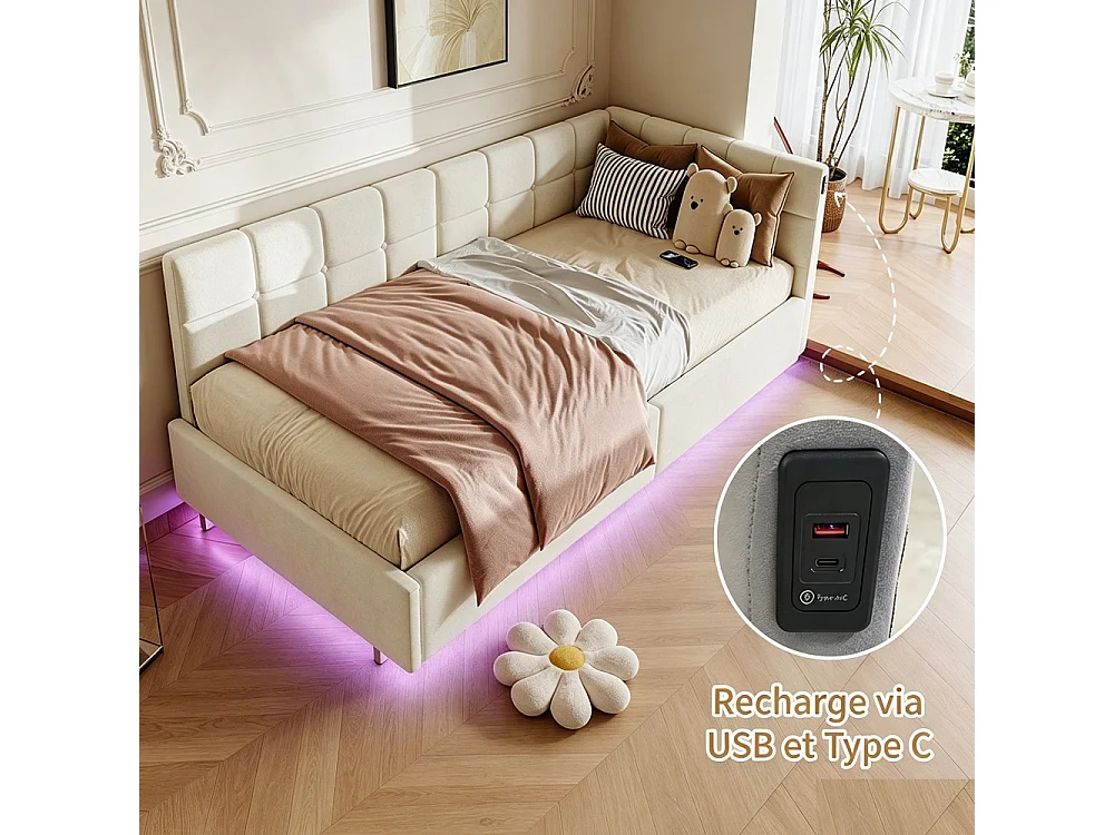Lit hydraulique suspendu simple - 90 x 200 cm - Charge USB et TypeC + bande lumineuse de télécommande RVB - Velvet - blanc