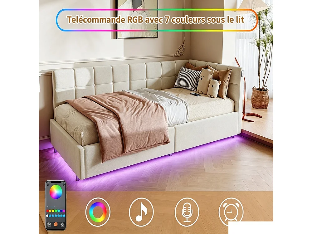 Lit hydraulique suspendu simple - 90 x 200 cm - Charge USB et TypeC + bande lumineuse de télécommande RVB - Velvet - blanc