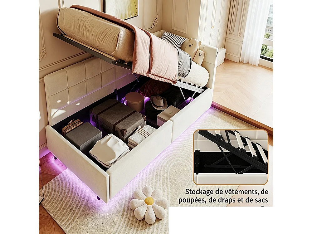 Lit hydraulique suspendu simple - 90 x 200 cm - Charge USB et TypeC + bande lumineuse de télécommande RVB - Velvet - blanc
