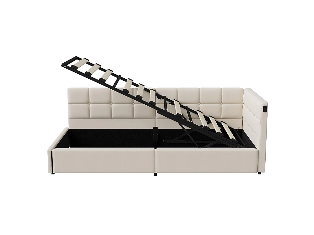 Lit hydraulique suspendu simple - 90 x 200 cm - Charge USB et TypeC + bande lumineuse de télécommande RVB - Velvet - blanc
