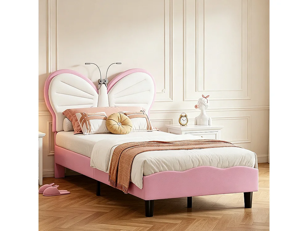 Lit Princesse - 90 x 190 cm - INS Style Cap de tête réglable en forme de papillon - Lumière de lecture LED - Rose