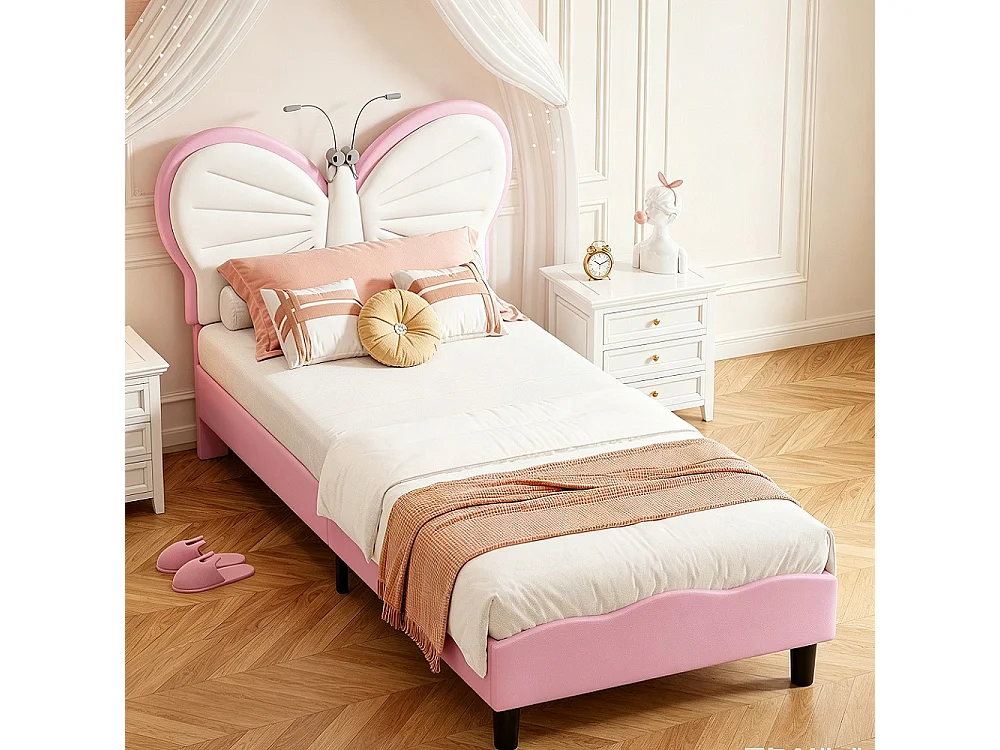 Lit Princesse - 90 x 190 cm - INS Style Cap de tête réglable en forme de papillon - Lumière de lecture LED - Rose