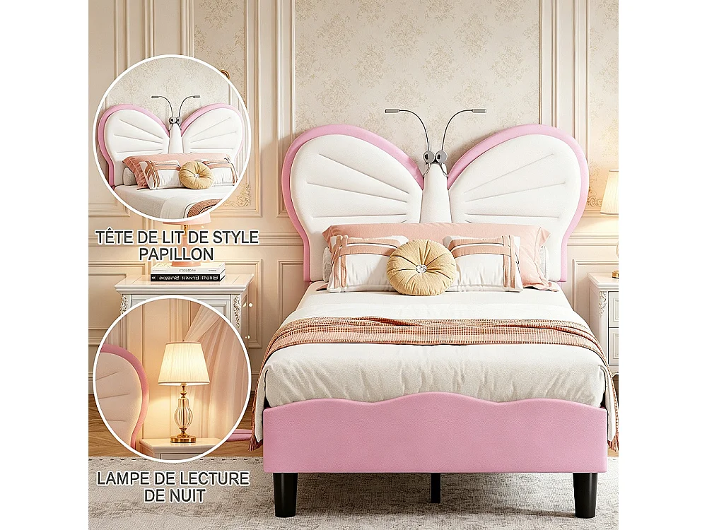 Lit Princesse - 90 x 190 cm - INS Style Cap de tête réglable en forme de papillon - Lumière de lecture LED - Rose