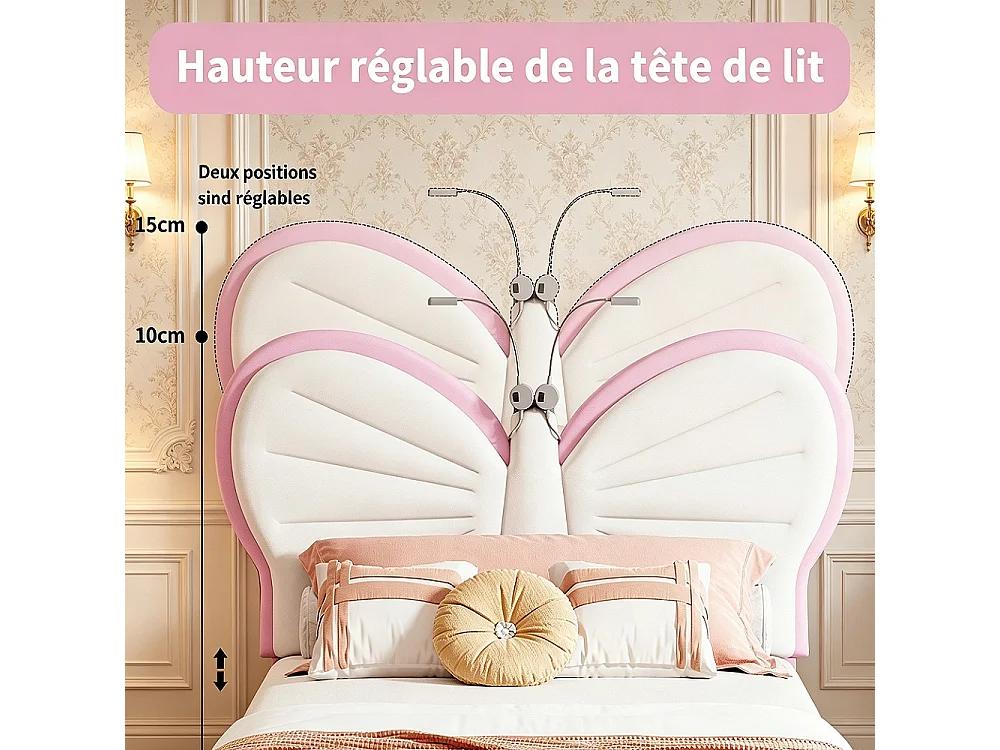 Lit Princesse - 90 x 190 cm - INS Style Cap de tête réglable en forme de papillon - Lumière de lecture LED - Rose