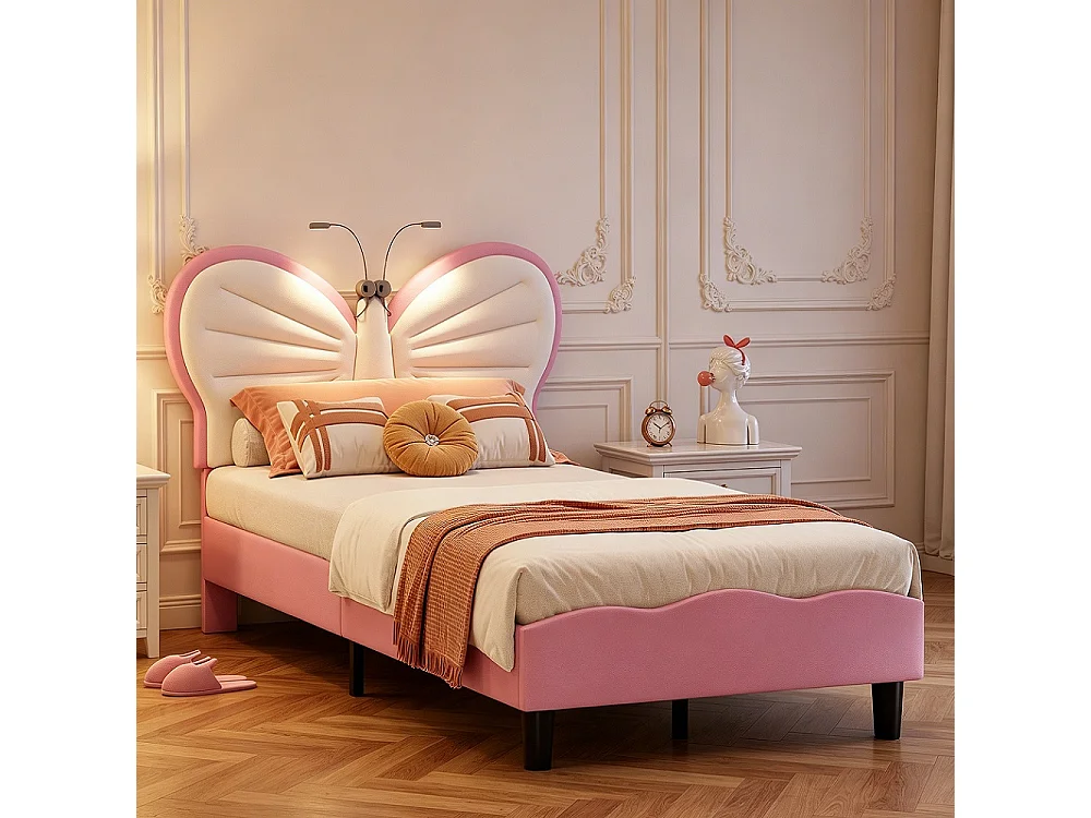 Lit Princesse - 90 x 190 cm - INS Style Cap de tête réglable en forme de papillon - Lumière de lecture LED - Rose