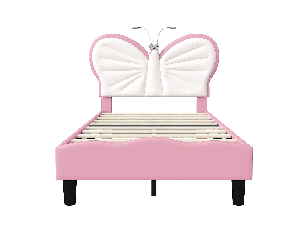 Lit Princesse - 90 x 190 cm - INS Style Cap de tête réglable en forme de papillon - Lumière de lecture LED - Rose