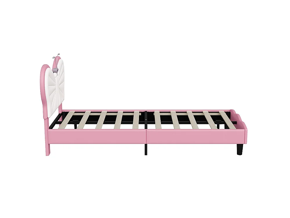 Lit Princesse - 90 x 190 cm - INS Style Cap de tête réglable en forme de papillon - Lumière de lecture LED - Rose