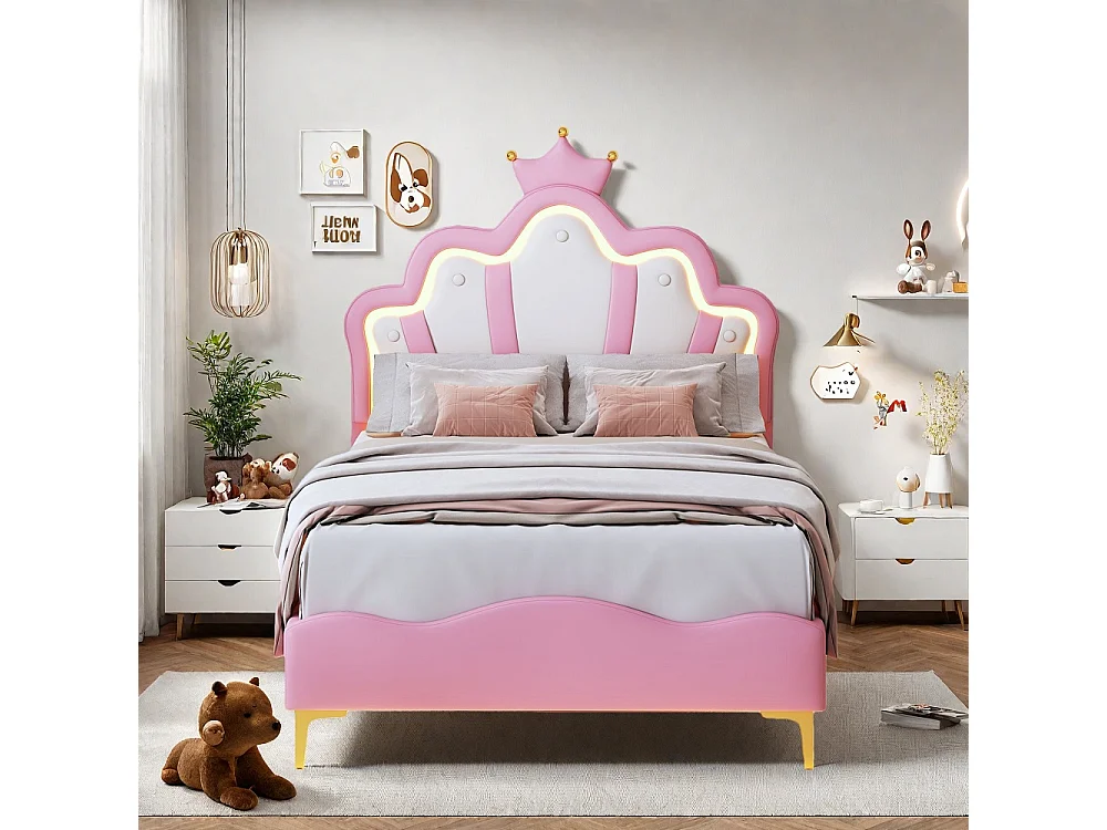 Lit Princesse - 90 x 190 cm - avec éclairage LED et tête en forme de couronne réglable en hauteur - Rose