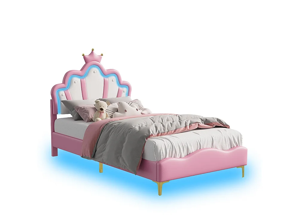 Lit Princesse - 90 x 190 cm - avec éclairage LED et tête en forme de couronne réglable en hauteur - Rose