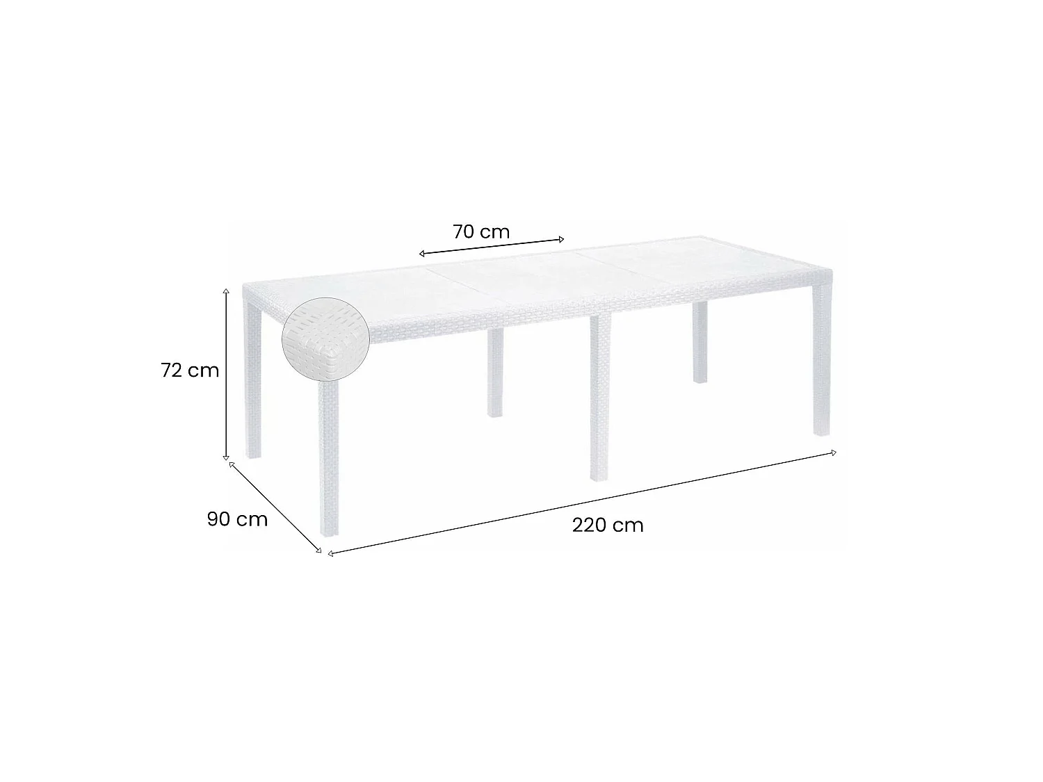 Table d'extérieur Dmains, Etagère à manger rectangulaire extensible, Table de jardin extensible effet rotin, 100% Made in Italy, 150/220x90h72 cm, Blanc
