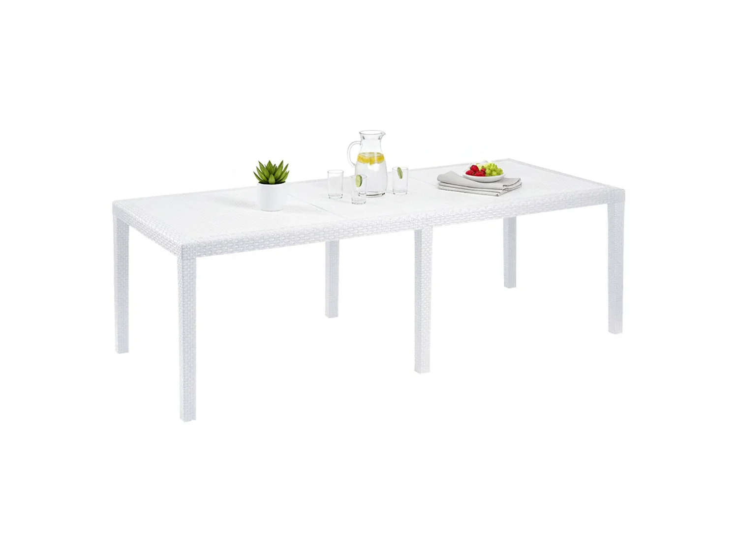 Table d'extérieur Dmains, Etagère à manger rectangulaire extensible, Table de jardin extensible effet rotin, 100% Made in Italy, 150/220x90h72 cm, Blanc