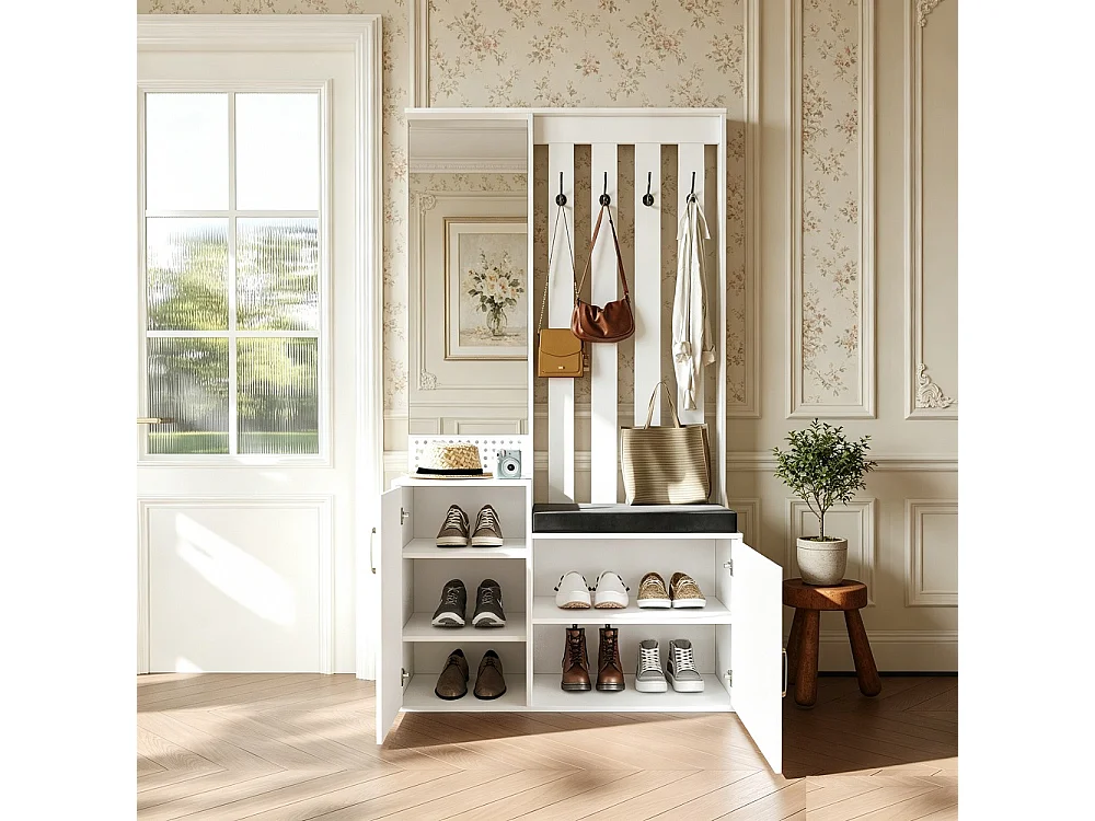 Porte-manteaux multifonctionnels - 100 x 40 x 180 cm - avec armoire à chaussures, banc à chaussures, miroir, crochets, tiroirs - blanc