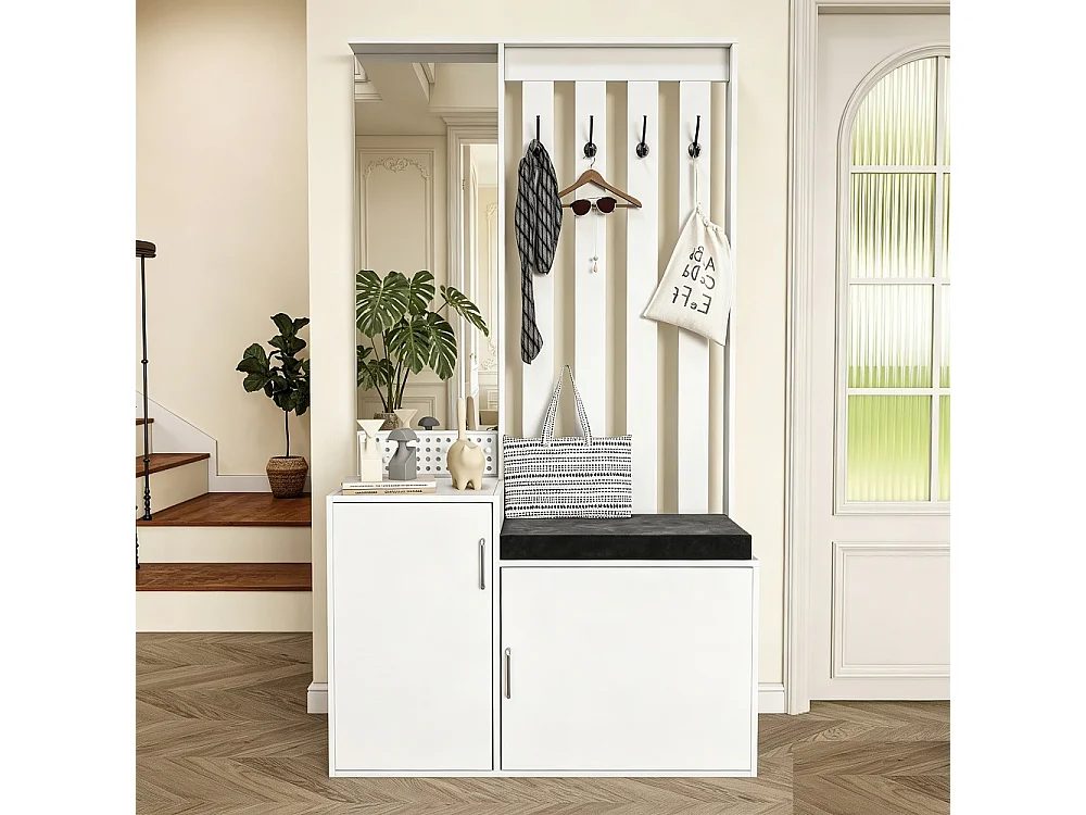 Porte-manteaux multifonctionnels - 100 x 40 x 180 cm - avec armoire à chaussures, banc à chaussures, miroir, crochets, tiroirs - blanc