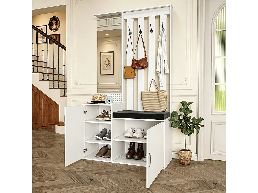Porte-manteaux multifonctionnels - 100 x 40 x 180 cm - avec armoire à chaussures, banc à chaussures, miroir, crochets, tiroirs - blanc