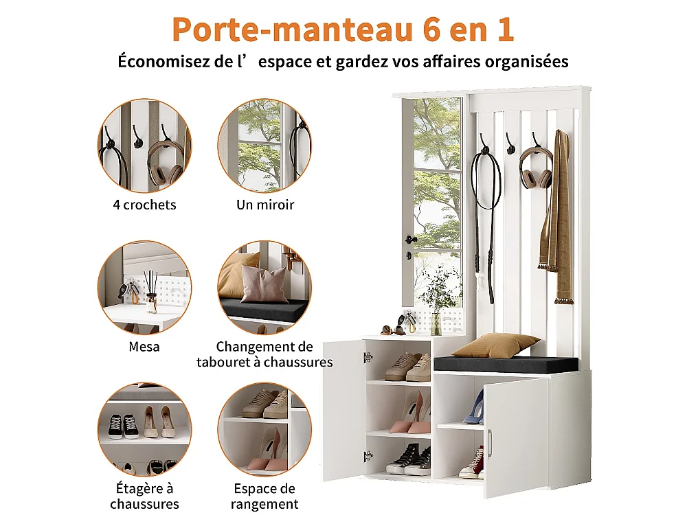 Porte-manteaux multifonctionnels - 100 x 40 x 180 cm - avec armoire à chaussures, banc à chaussures, miroir, crochets, tiroirs - blanc