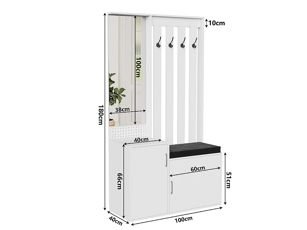 Porte-manteaux multifonctionnels - 100 x 40 x 180 cm - avec armoire à chaussures, banc à chaussures, miroir, crochets, tiroirs - blanc