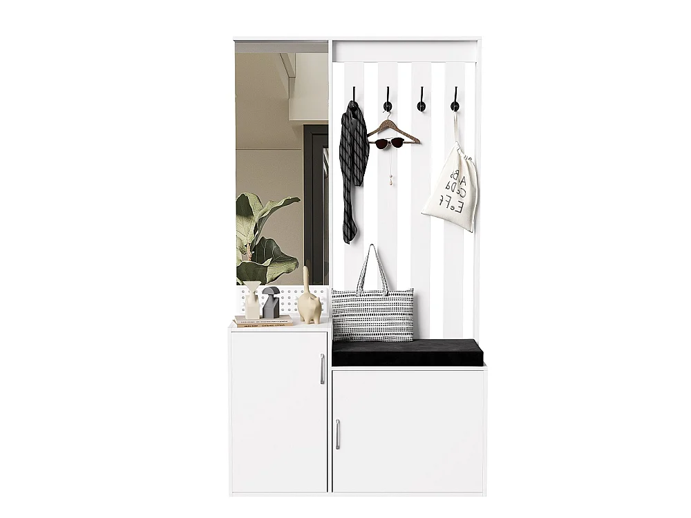 Porte-manteaux multifonctionnels - 100 x 40 x 180 cm - avec armoire à chaussures, banc à chaussures, miroir, crochets, tiroirs - blanc