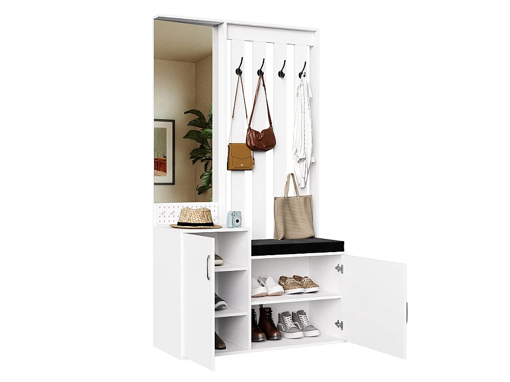Porte-manteaux multifonctionnels - 100 x 40 x 180 cm - avec armoire à chaussures, banc à chaussures, miroir, crochets, tiroirs - blanc