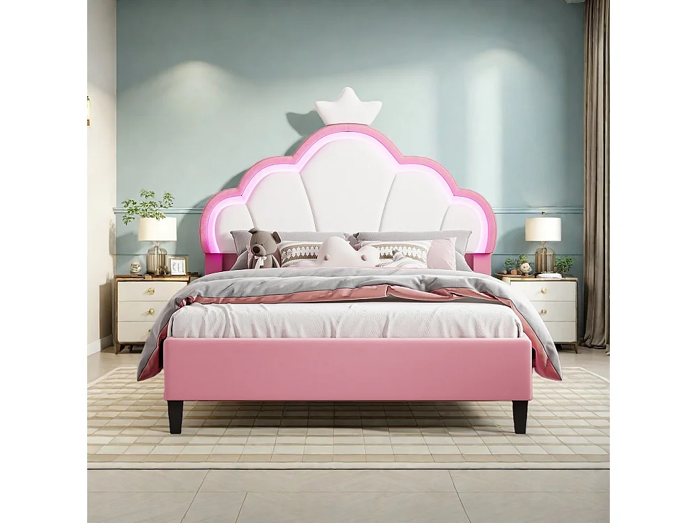 Lit princesse - 140 x 190 cm - avec éclairage LED et tête en forme de couronne réglable en hauteur - rose