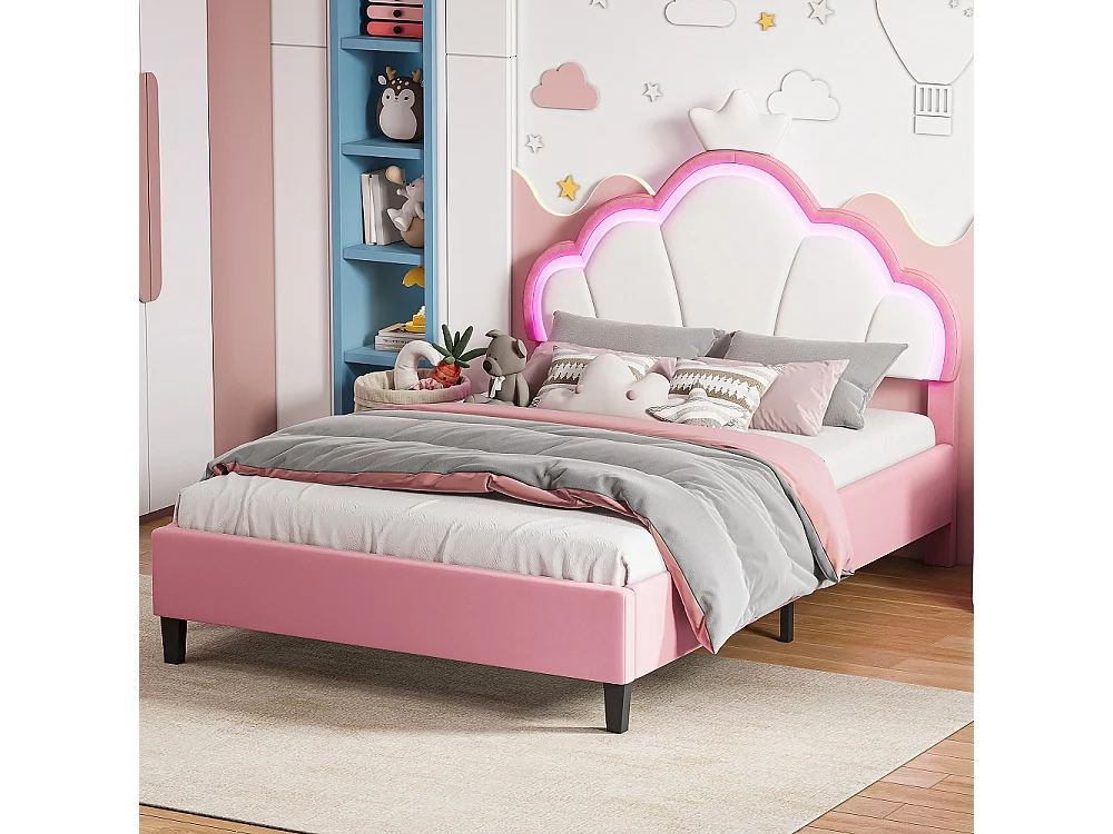 Lit princesse - 140 x 190 cm - avec éclairage LED et tête en forme de couronne réglable en hauteur - rose