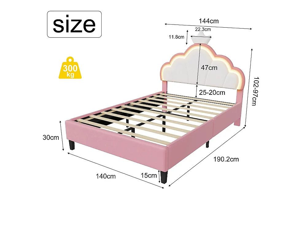Lit princesse - 140 x 190 cm - avec éclairage LED et tête en forme de couronne réglable en hauteur - rose