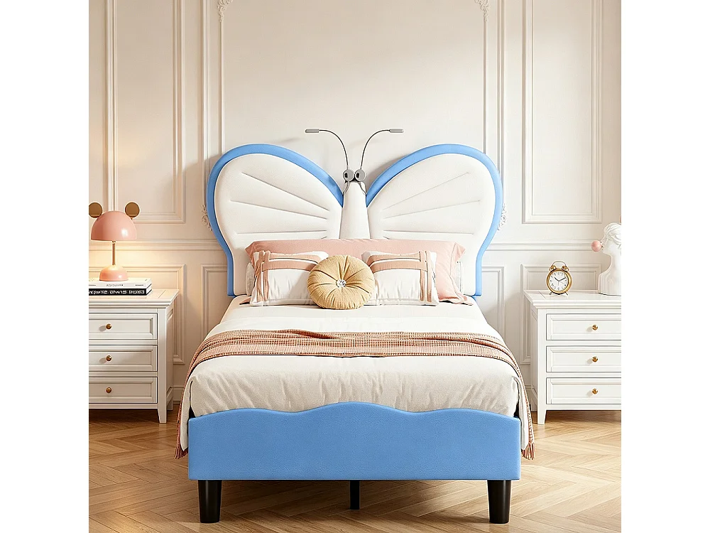 Lit Princesse - 90 x 190 cm - INS Style Cap de tête réglable en forme de papillon - Lumière de lecture LED - bleu