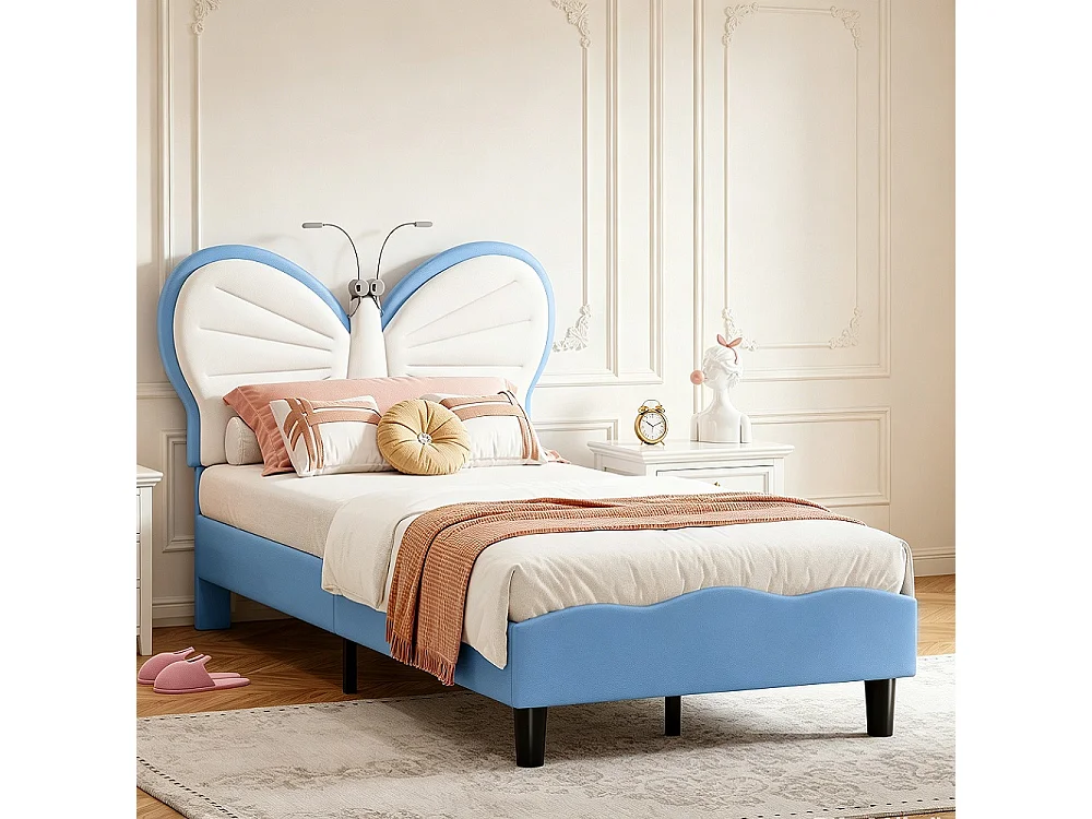 Lit Princesse - 90 x 190 cm - INS Style Cap de tête réglable en forme de papillon - Lumière de lecture LED - bleu