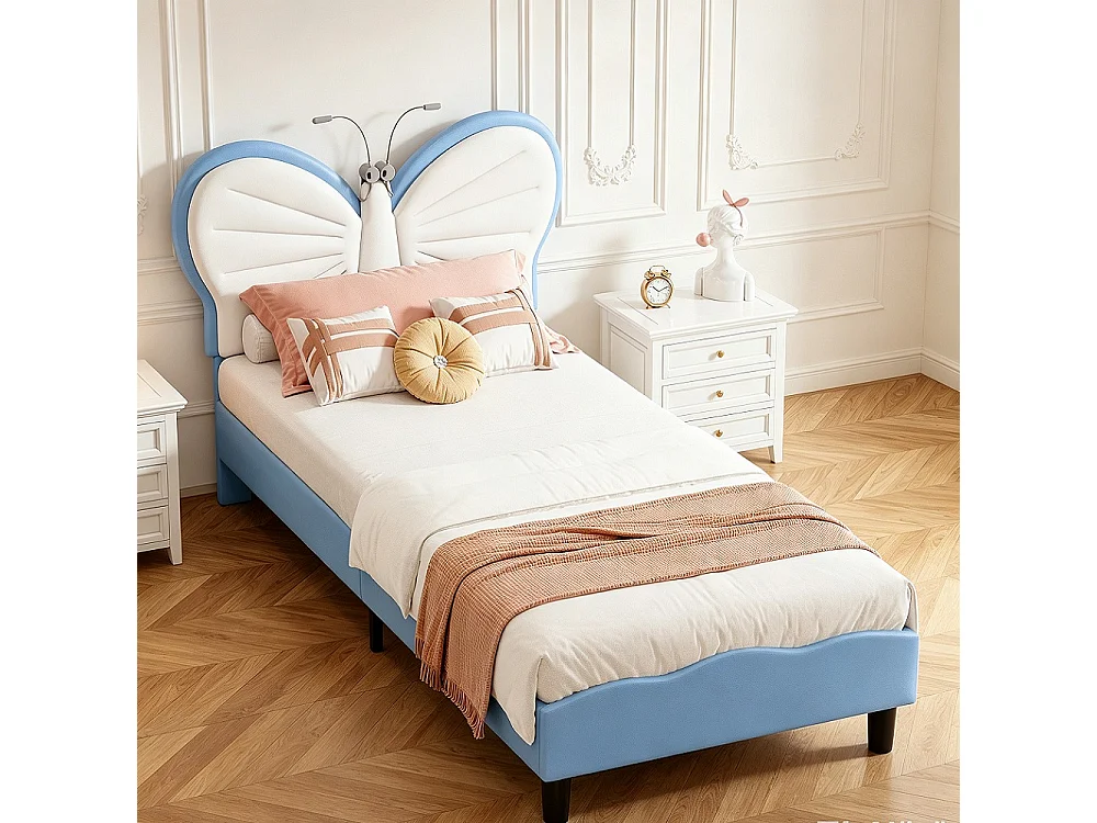 Lit Princesse - 90 x 190 cm - INS Style Cap de tête réglable en forme de papillon - Lumière de lecture LED - bleu