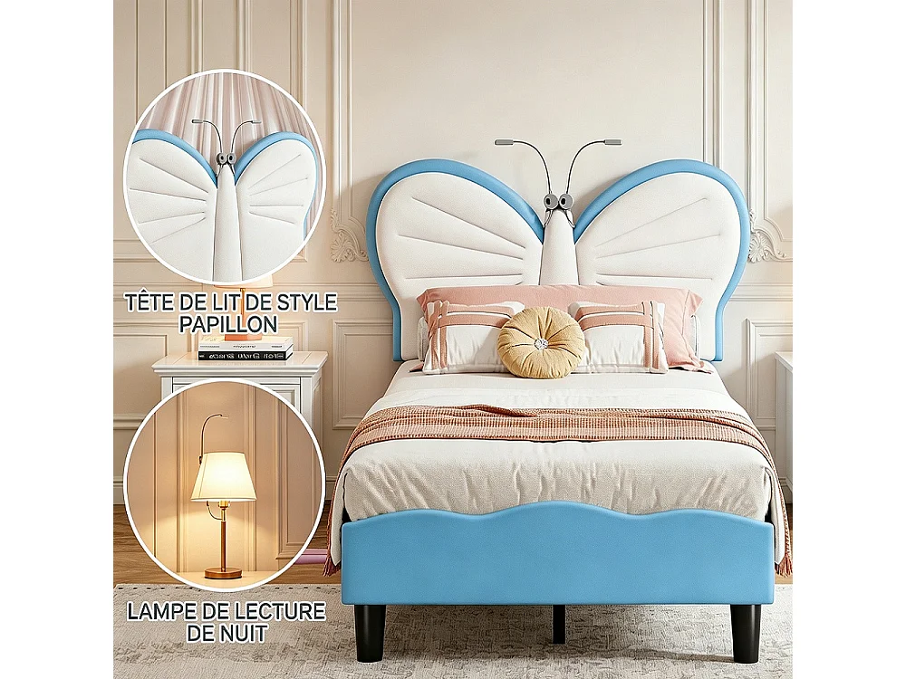 Lit Princesse - 90 x 190 cm - INS Style Cap de tête réglable en forme de papillon - Lumière de lecture LED - bleu