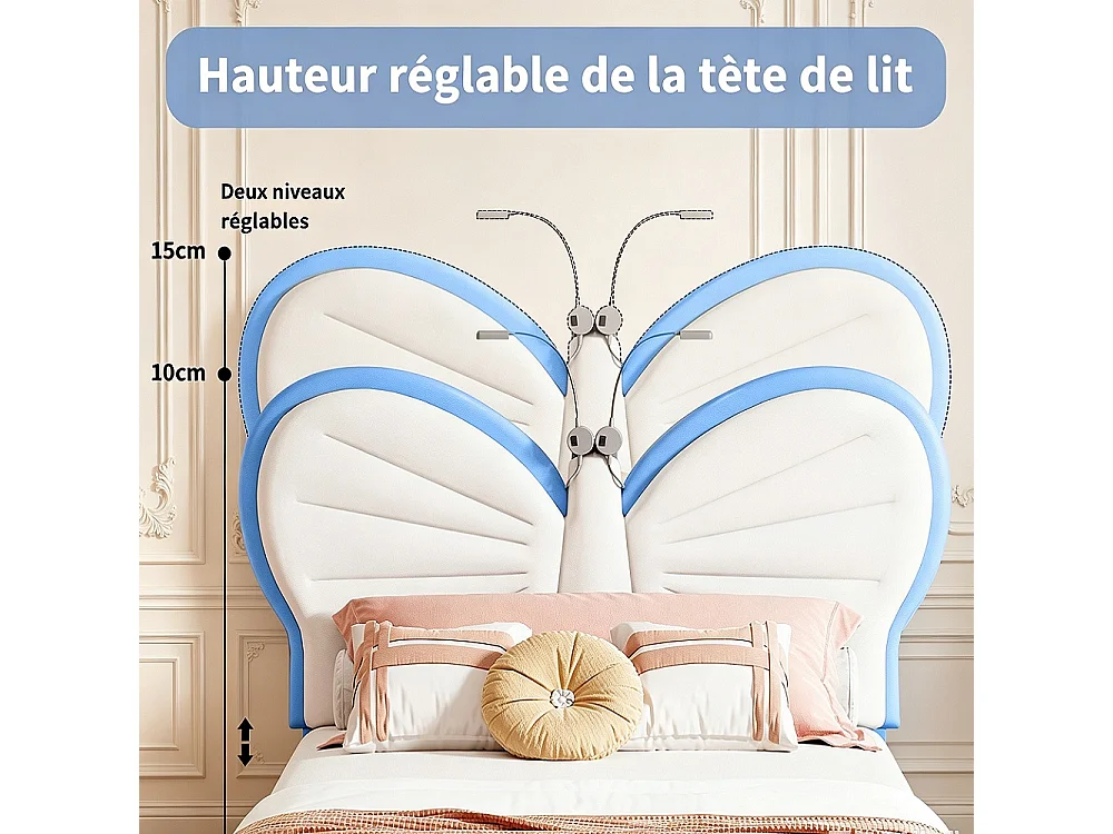 Lit Princesse - 90 x 190 cm - INS Style Cap de tête réglable en forme de papillon - Lumière de lecture LED - bleu