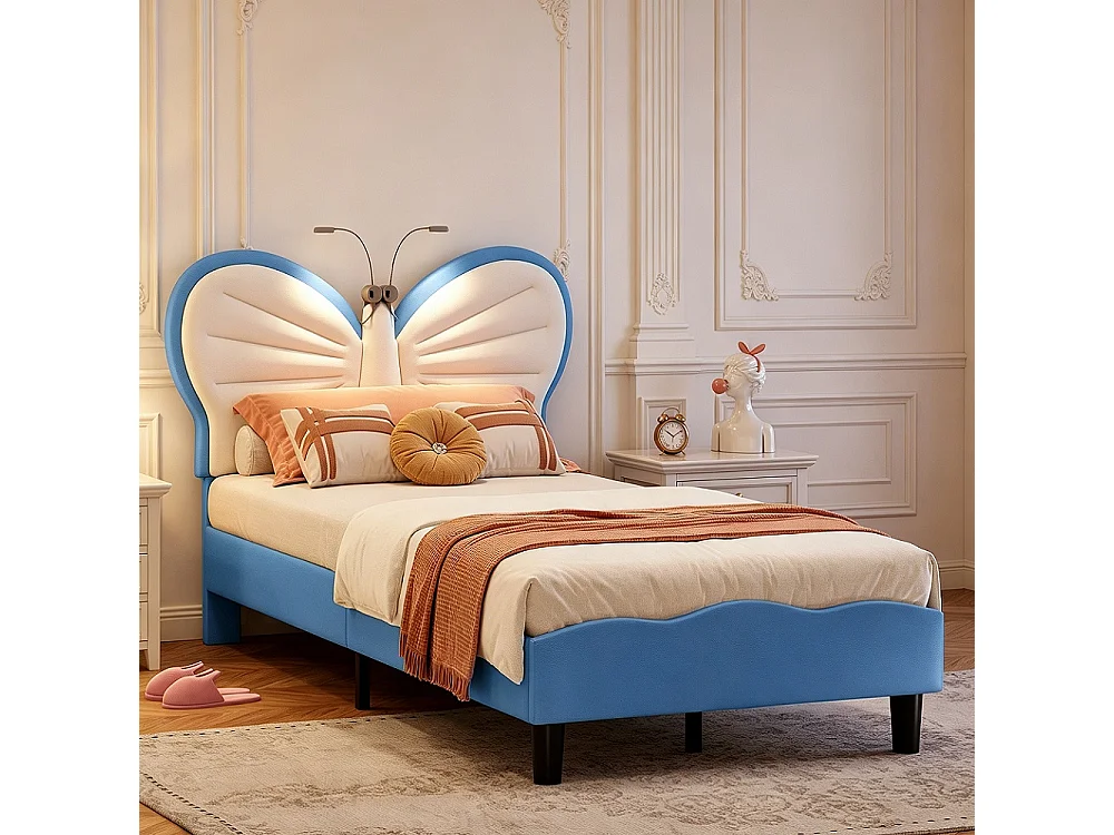 Lit Princesse - 90 x 190 cm - INS Style Cap de tête réglable en forme de papillon - Lumière de lecture LED - bleu