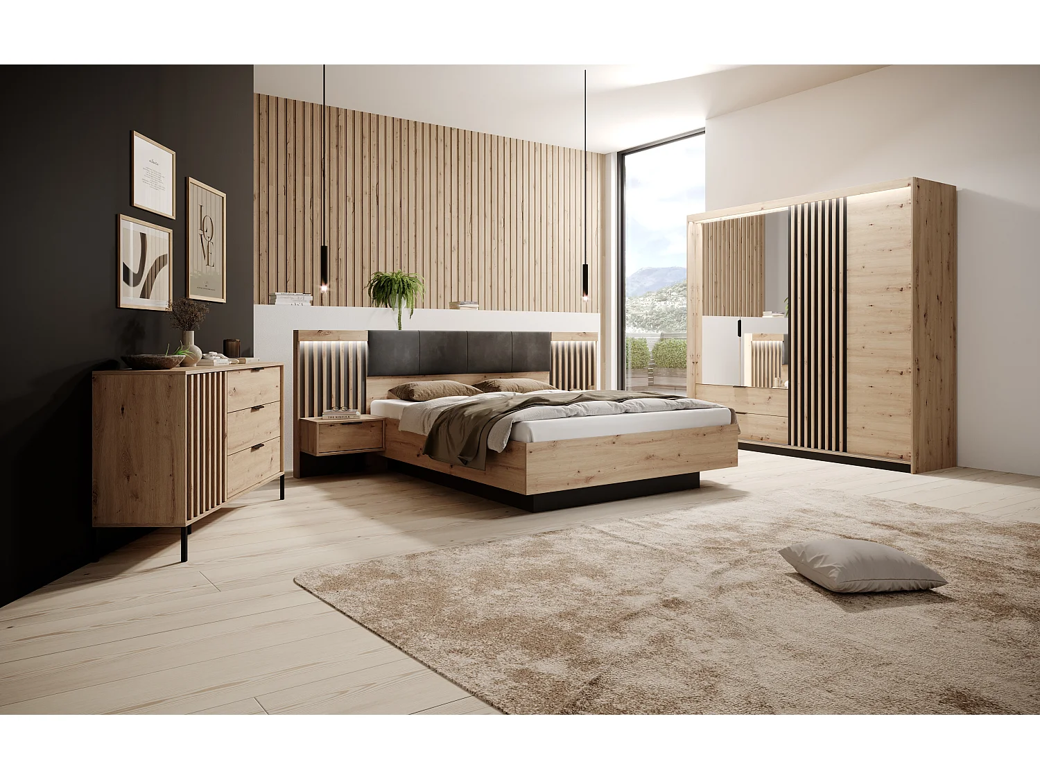 Bett 160x200, Eiche Artisan + Anthrazit, 163,2 x 104 x 210 cm