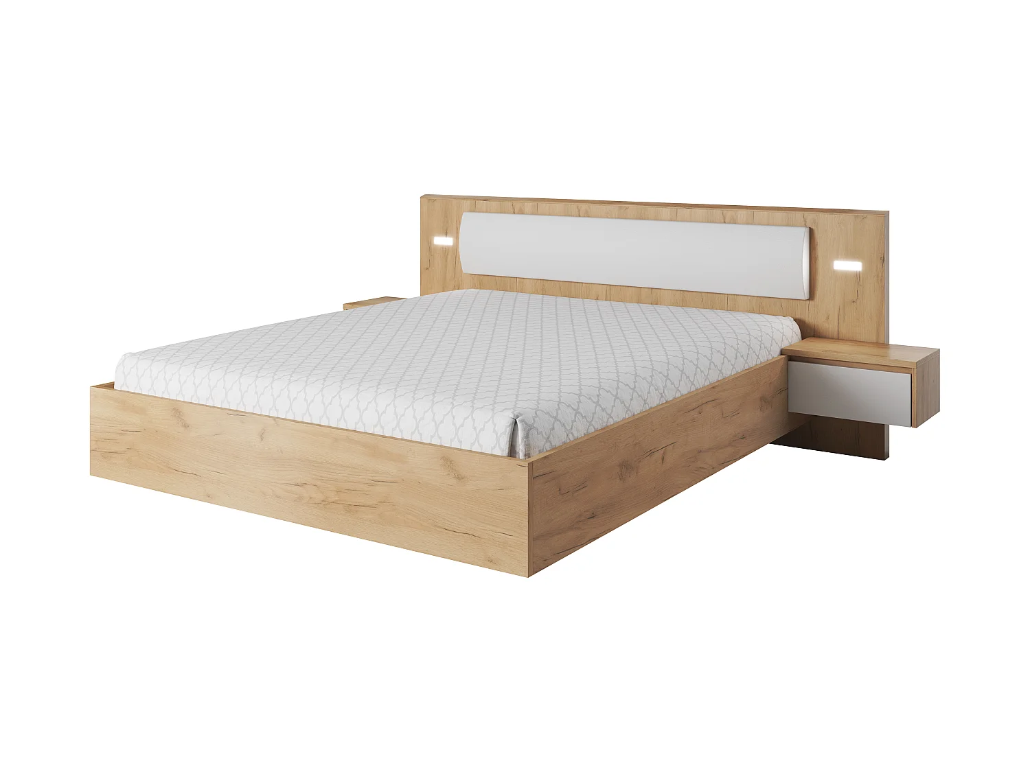 Bett 160x200 mit 2 Nachttischen, Weiß + Golden Craft Oak, 256 x 92,3 x 208,2 cm