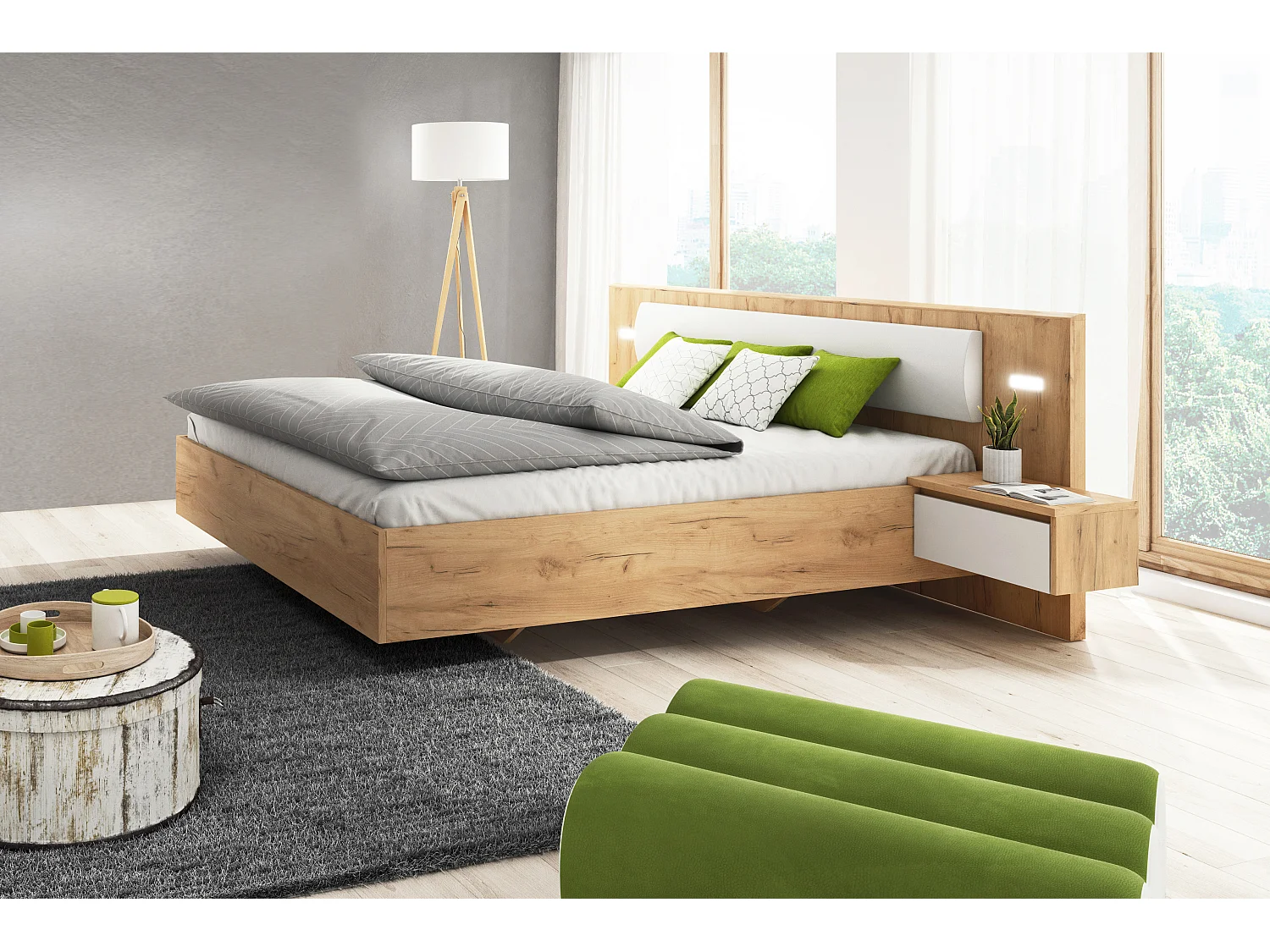 Bett 160x200 mit 2 Nachttischen, Weiß + Golden Craft Oak, 256 x 92,3 x 208,2 cm