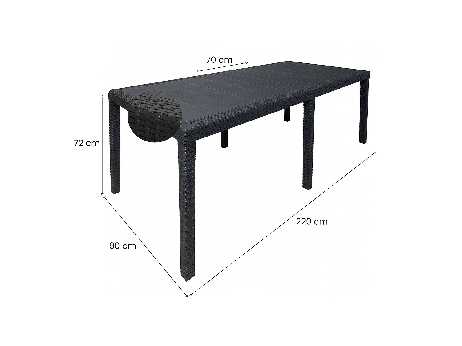 Table d'extérieur Dmains, Etagère à manger rectangulaire extensible, Table de jardin extensible effet rotin, 100% Made in Italy, 150/220x90h72 cm, Anthracite