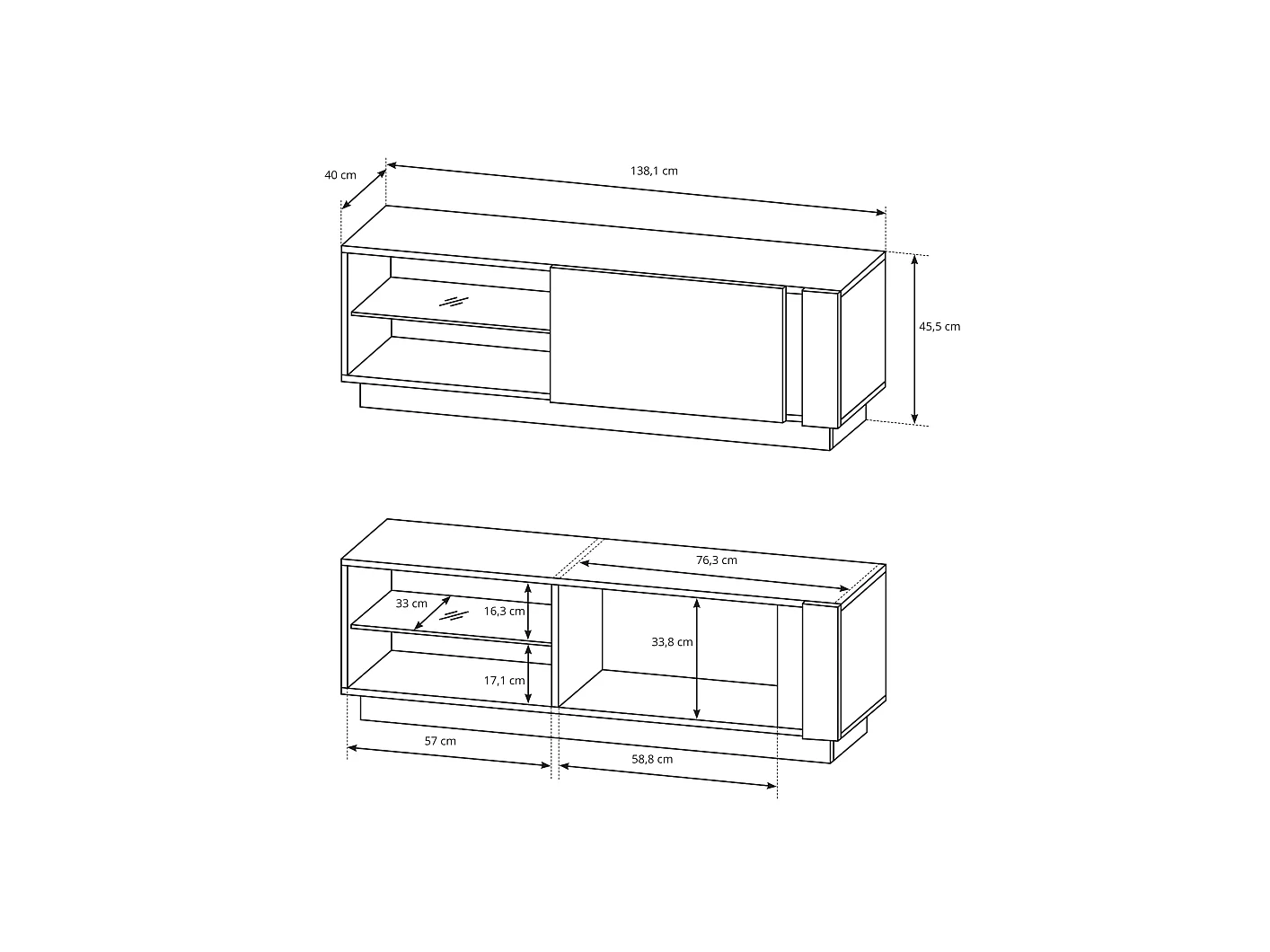 TV-Schrank, Weiß + Hochglanzweiß + Grandson Oak, 138,1 x 45,5 x 40 cm