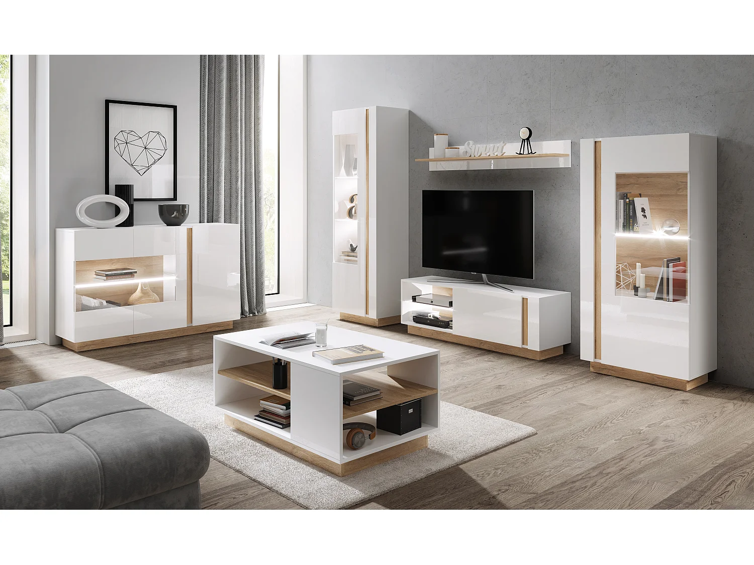 TV-Schrank, Weiß + Hochglanzweiß + Grandson Oak, 187,5 x 45,5 x 40 cm