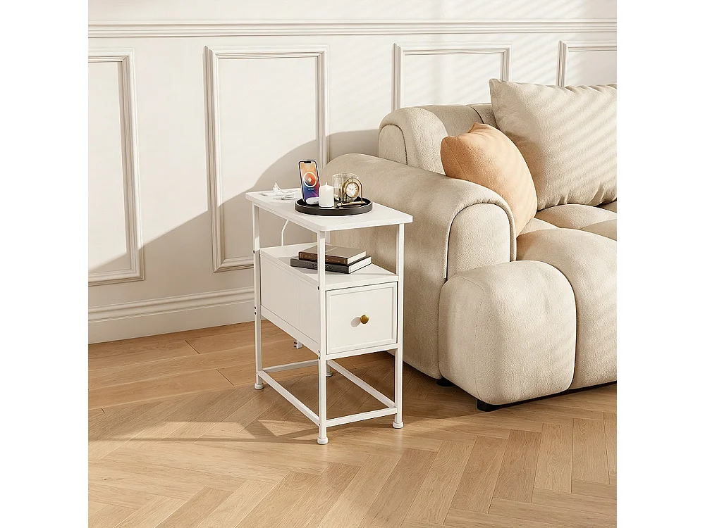 Table d'extrémité - 60 x 30 x 62 cm - avec 1 tiroir 2 prises AC et 2 ports USB - Blanc