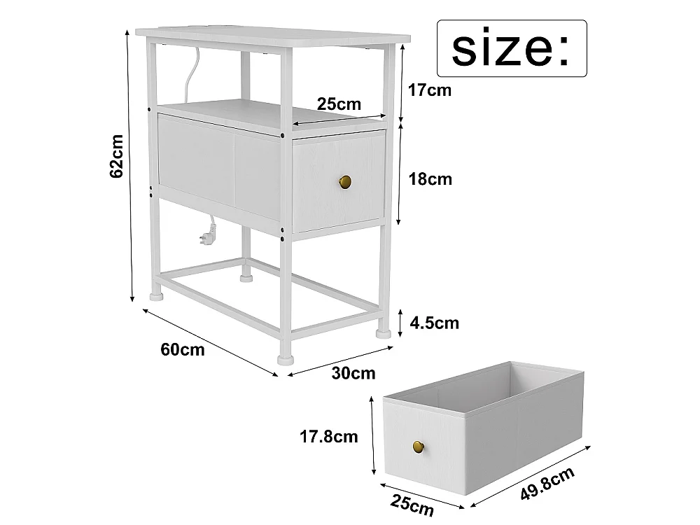 Table d'extrémité - 60 x 30 x 62 cm - avec 1 tiroir 2 prises AC et 2 ports USB - Blanc