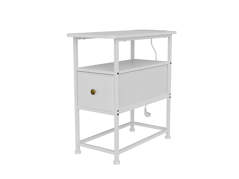 Table d'extrémité - 60 x 30 x 62 cm - avec 1 tiroir 2 prises AC et 2 ports USB - Blanc