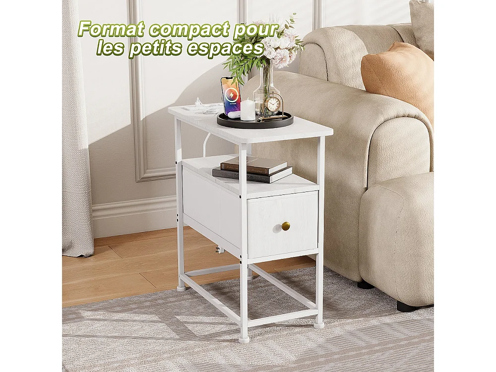 Table d'extrémité - 60 x 30 x 62 cm - avec 1 tiroir 2 prises AC et 2 ports USB - Blanc