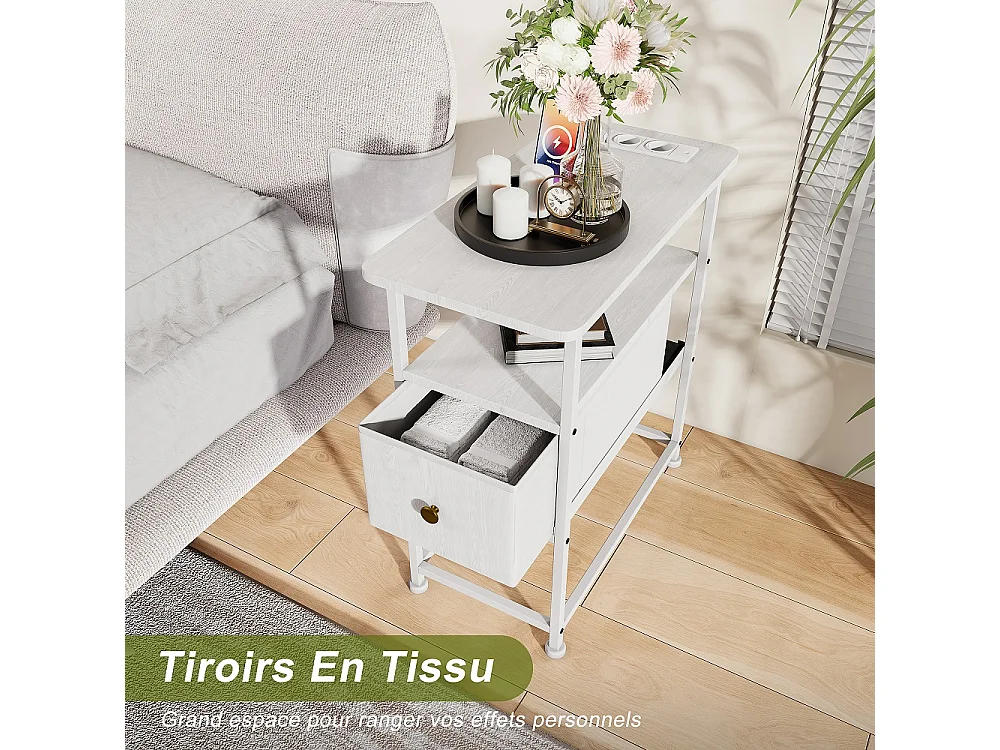 Table d'extrémité - 60 x 30 x 62 cm - avec 1 tiroir 2 prises AC et 2 ports USB - Blanc