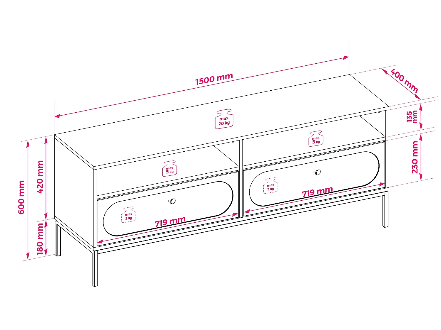 TV-Schrank, Kaschmir, 150 x 40 x 60 cm