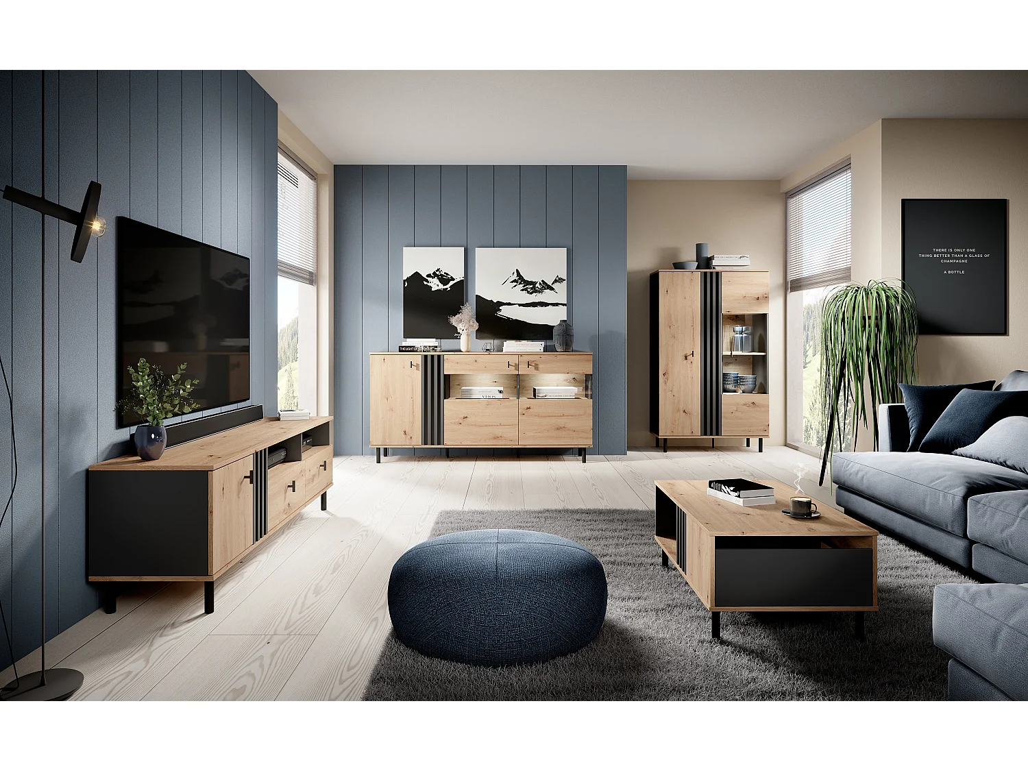 TV-Schrank, Eiche Artisan + Schwarz Anthrazit, 165,1 x 49,2 x 40 cm
