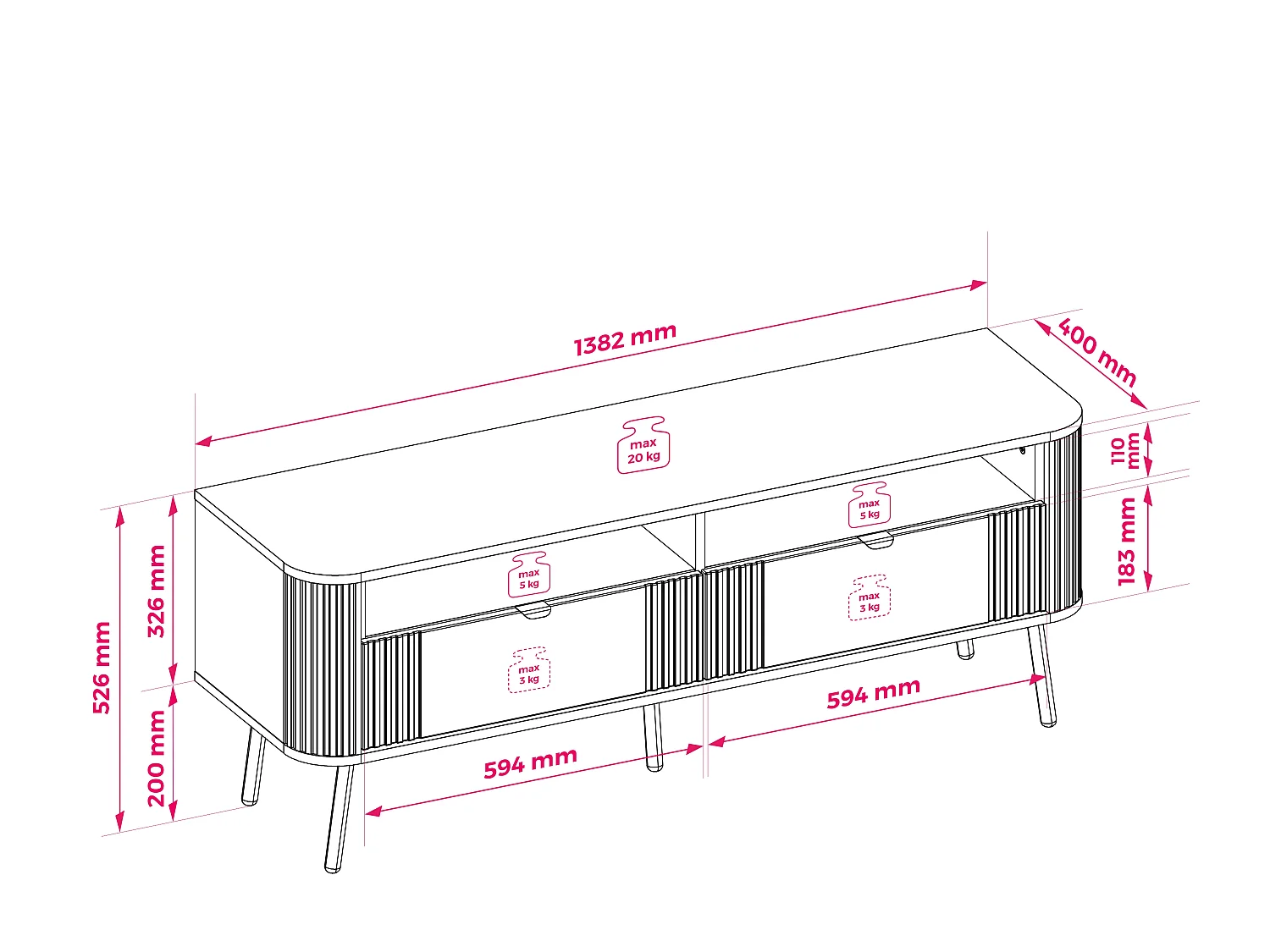 TV-Schrank, Kaschmir, 138,2 x 40 x 52,6 cm
