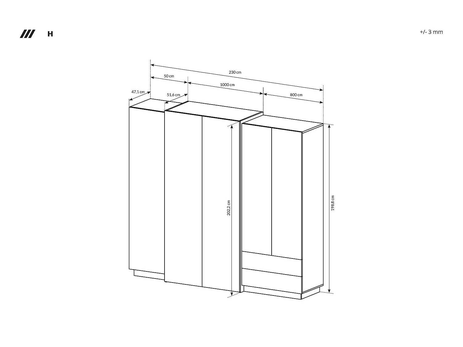 Kleiderschrank für Schlafzimmer, weiß / Eiche Craft Gold, 230 x 51,6 x 202,2 cm