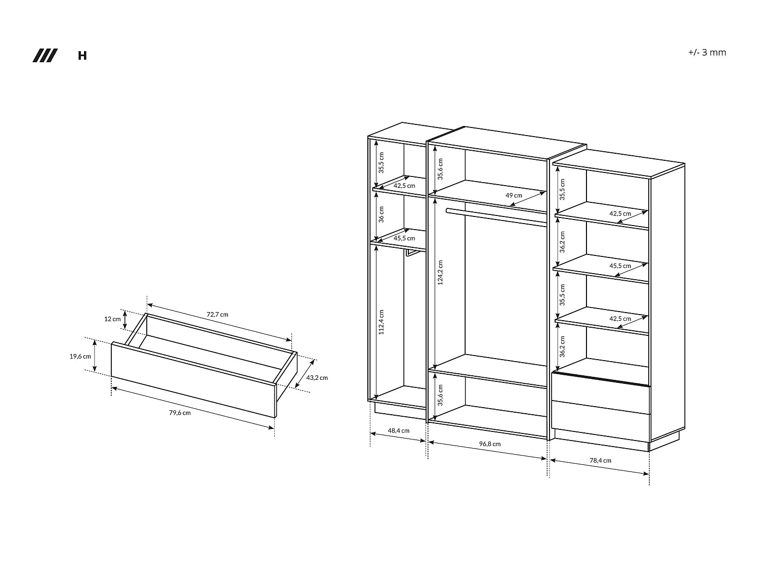 Kleiderschrank für Schlafzimmer, weiß / Eiche Craft Gold, 230 x 51,6 x 202,2 cm