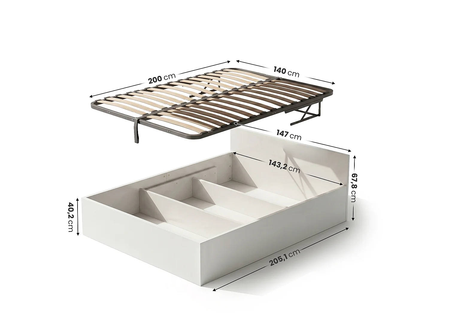 Lit coffre 140x200 cm sommier relevable en métal Blanc