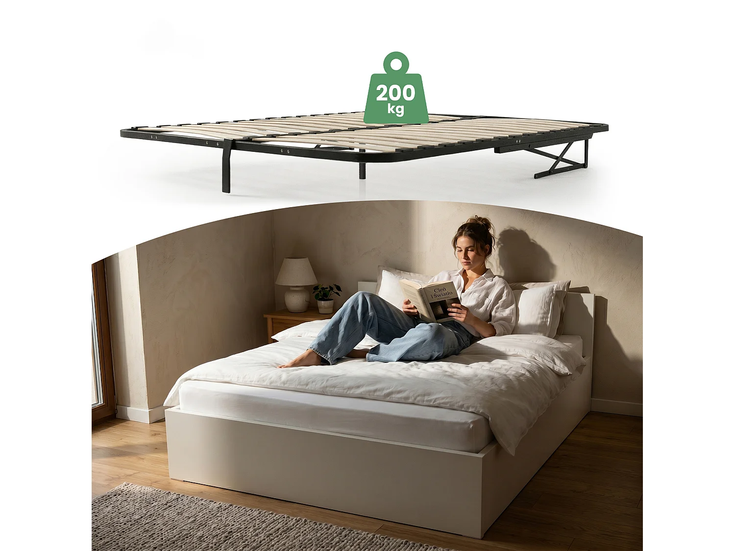 Lit coffre 140x200 cm sommier relevable en métal Blanc