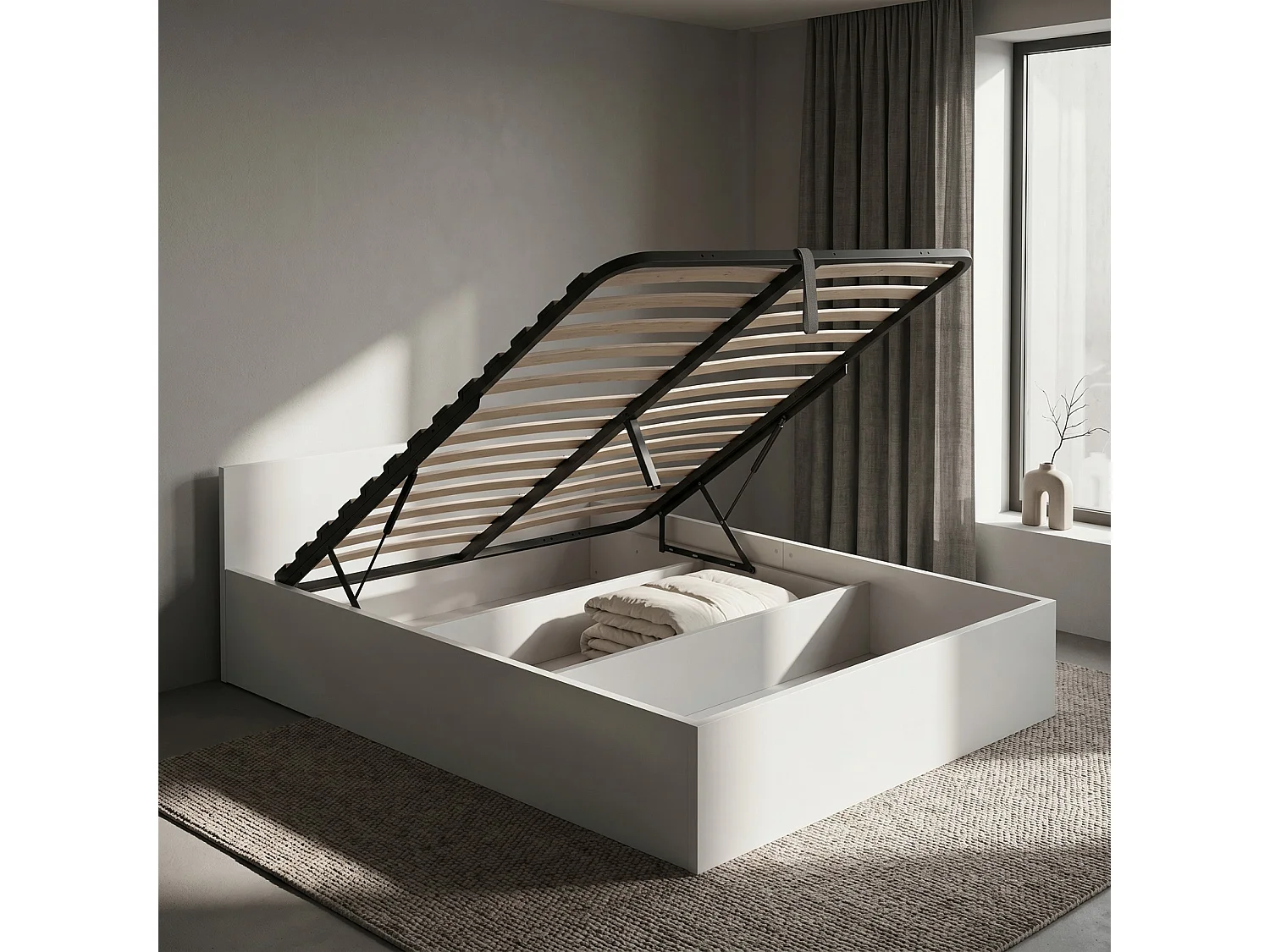Lit coffre 140x200 cm sommier relevable en métal Blanc